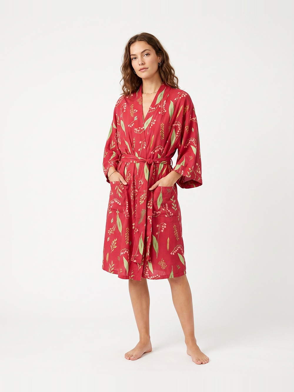 Uncommon Goods Floral Kimono Duster Open Front Belted Red Size M/L